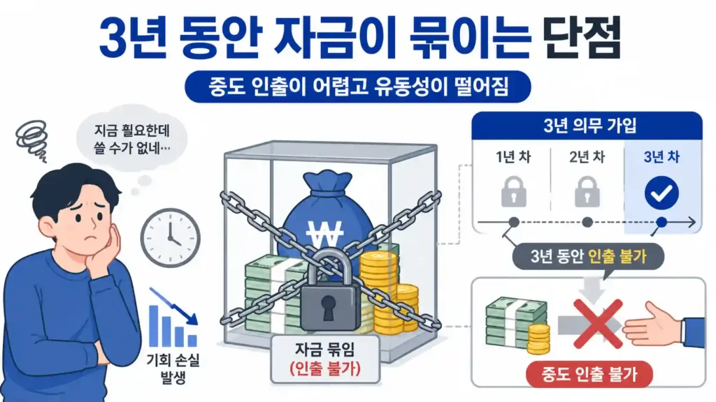  3년 의무 가입 기간으로 인해 자금이 묶이는 단점을 표현한 이미지