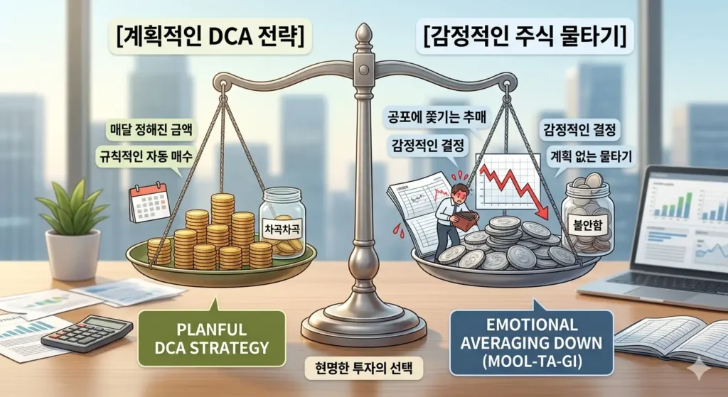 계단식으로 주식을 나누어 사는 분할매수 개념을 보여주는 그래픽 차트