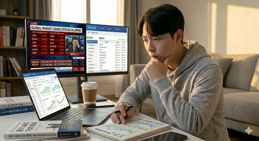 폭락장 뉴스를 보며 차분하게 투자 전략을 세우는 투자자