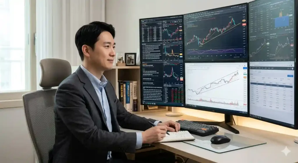 흔들리지 않는 편안한 표정의 주식 투자자