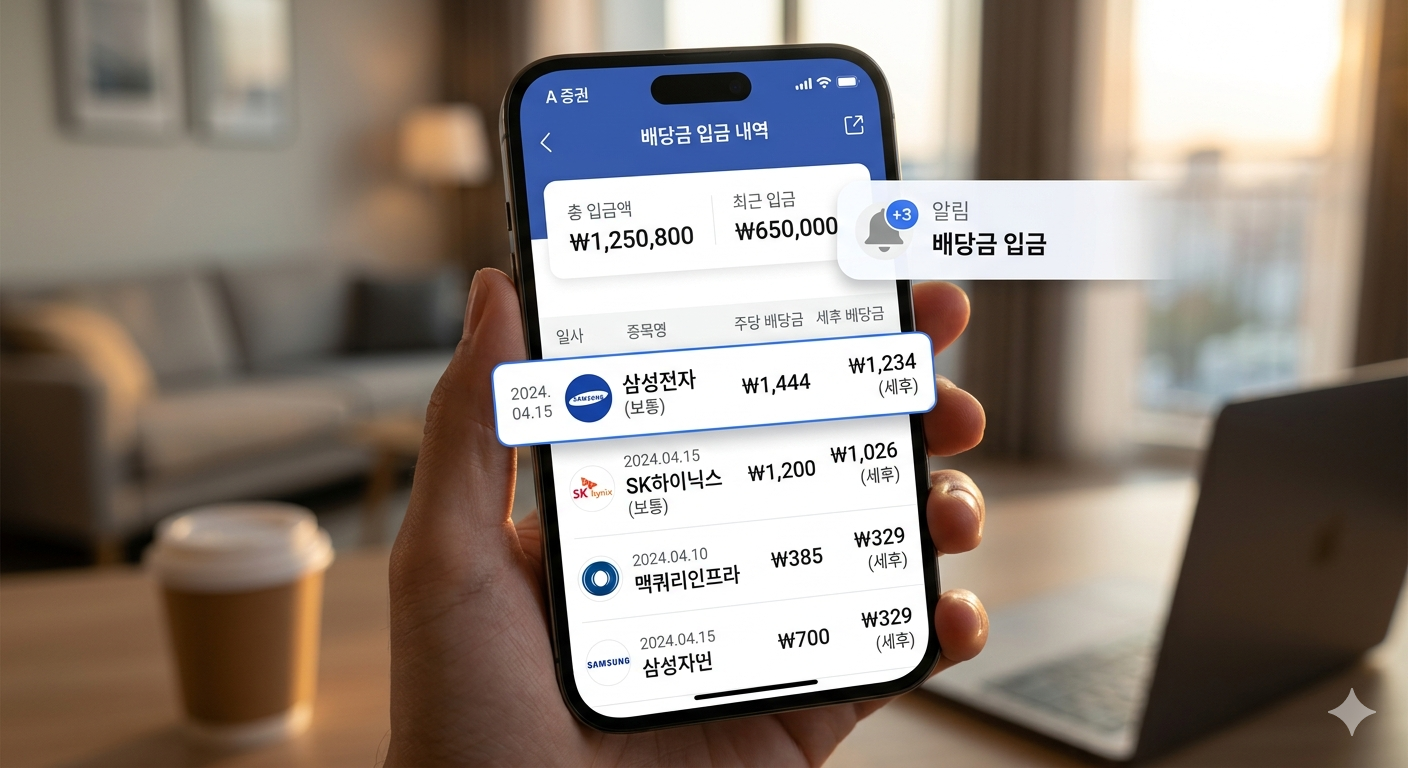 스마트폰 증권 앱 화면에 배당금이 입금된 내역