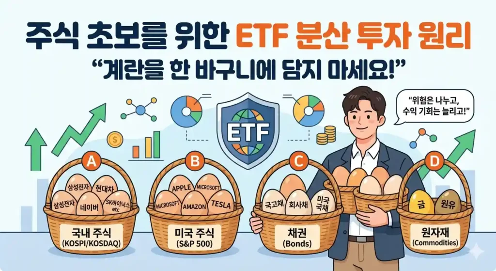 바구니에 여러 계란을 나누어 담은 주식 초보 ETF 분산 투자 원리 일러스트