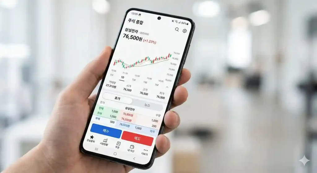 복잡한 차트가 띄워진 모니터와 직관적이고 깔끔한 스마트폰 주식 화면의 비교