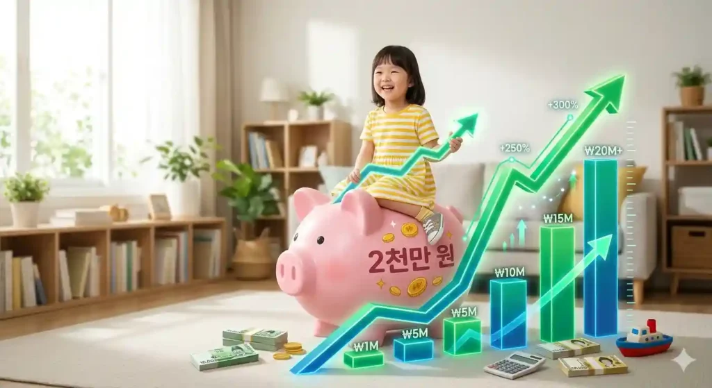 2천만 원이 적힌 돼지저금통과 우상향하는 주식 차트 위에 올라탄 아이