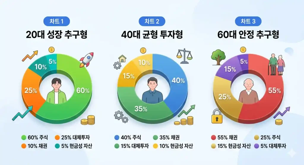 나이와 투자 성향에 따라 다르게 설정된 원형 파이 그래프 3개