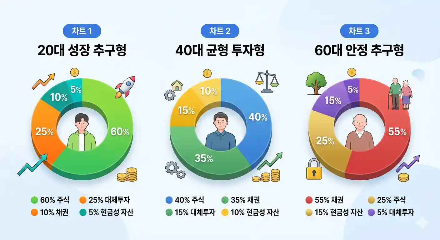 나이와 투자 성향에 따라 다르게 설정된 원형 파이 그래프 3개