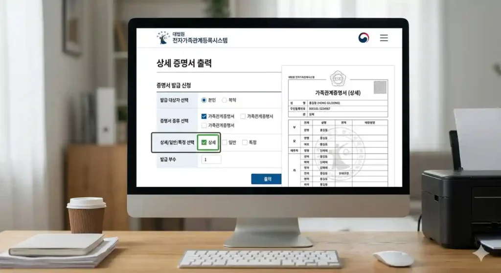 대법원 전자가족관계등록시스템에서 상세 증명서를 출력하는 모니터 화면