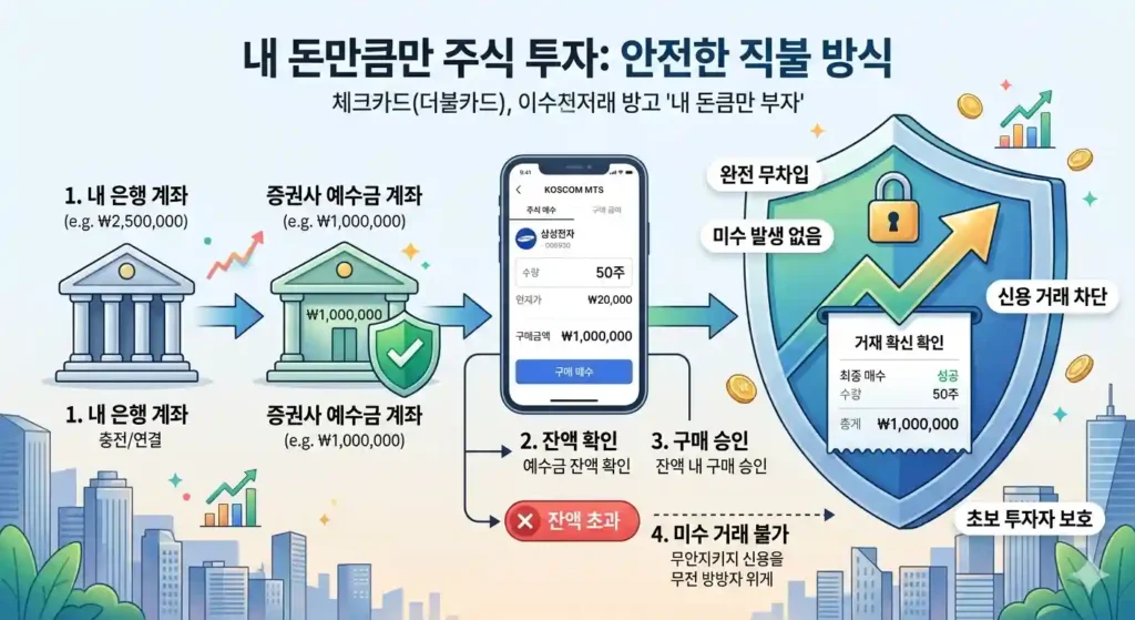 안전한 방패 모양 아이콘과 함께 체크카드처럼 내 돈만큼만 주식을 사는 개념도