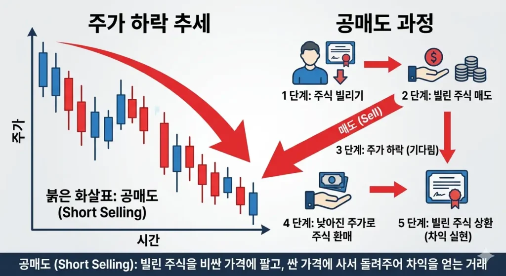 하락하는 주식 차트와 붉은색 화살표로 표현된 공매도 뜻 개념도