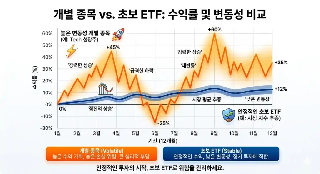 높은 변동성의 개별 종목과 안정적인 주식 초보 ETF 수익률 비교 차트