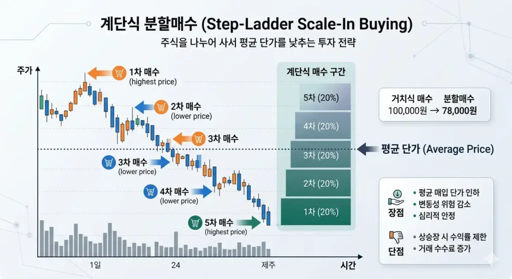 감정적인 주식 물타기와 계획적인 DCA 전략을 비교하는 저울 일러스트
