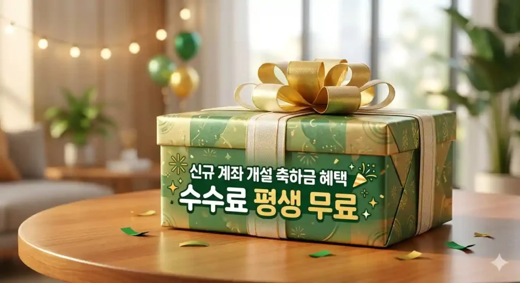 신규 계좌 개설 축하금 혜택과 수수료 평생 무료 배너가 그려진 선물 상자