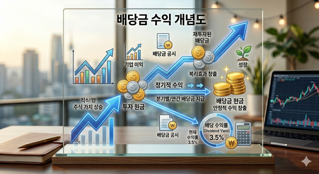 동전과 주식 그래프가 그려진 배당금 수익 개념도