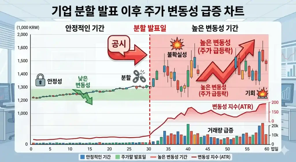 기업의 분할 발표 이후 주가 변동성이 커진 주식 차트