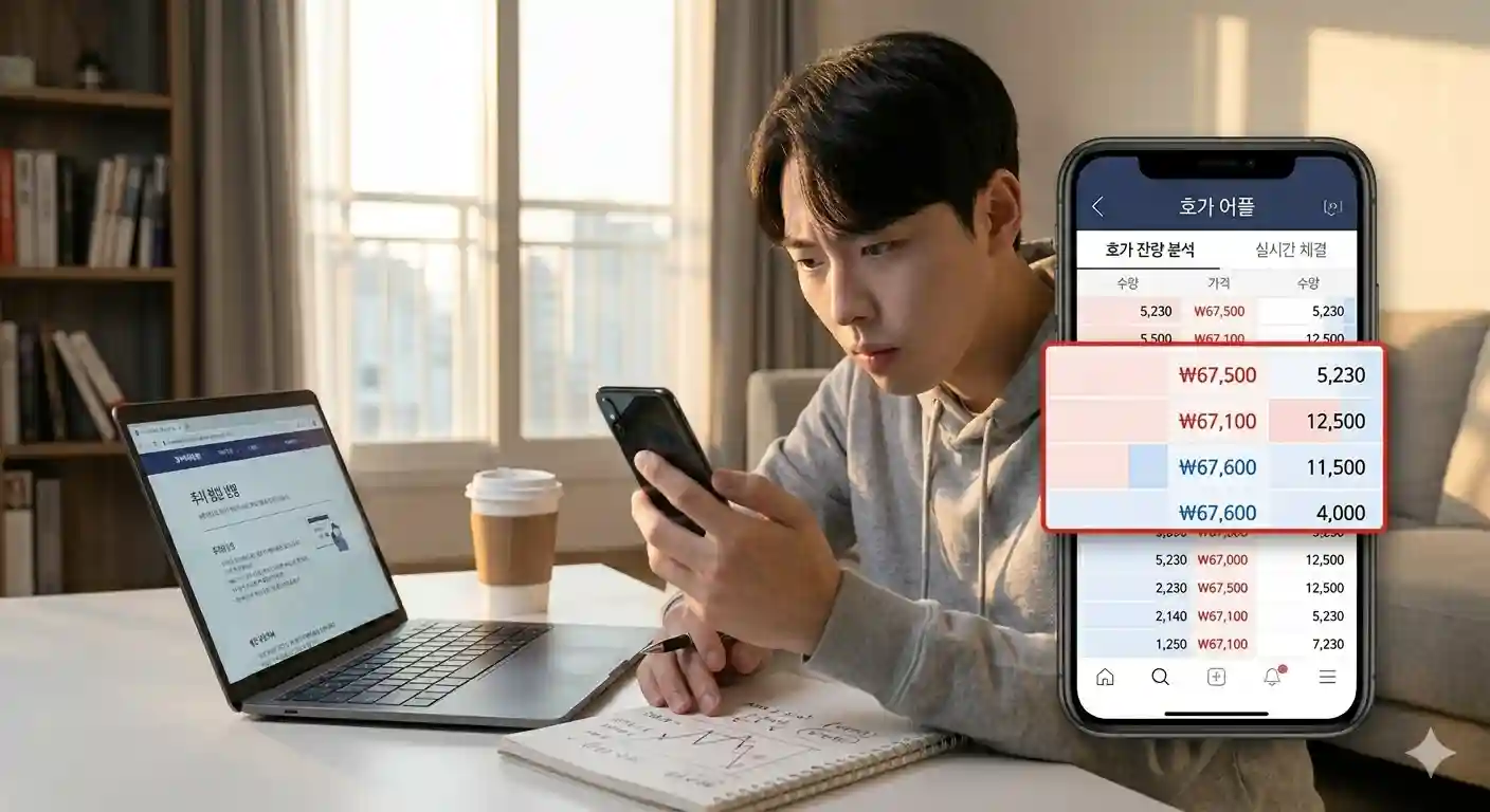 늦은 오후 스마트폰 주식 어플로 호가창을 유심히 들여다보고 있는 직장인 투자자의 모습