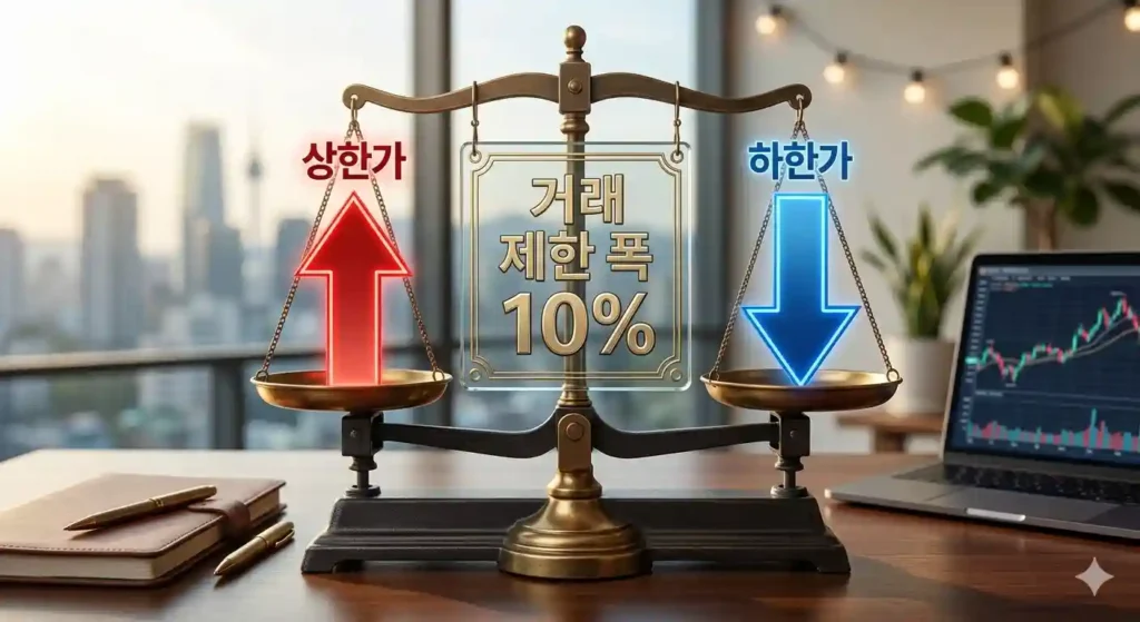 상한가를 의미하는 빨간색 화살표와 하한가를 의미하는 파란색 화살표 사이에 10% 제한 폭이 적힌 저울 이미지