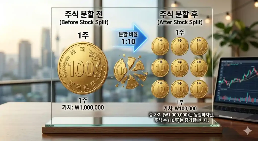 큰 금화를 여러 개의 작은 금화로 쪼개는 주식 분할 개념도