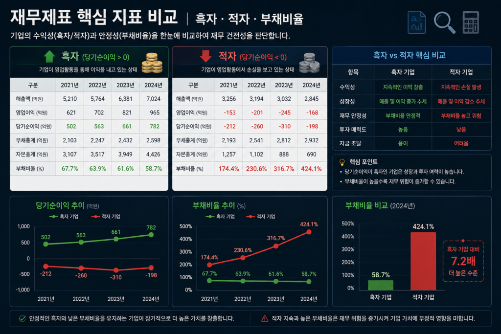재무제표의 핵심 지표인 흑자, 적자, 부채비율 비교 차트