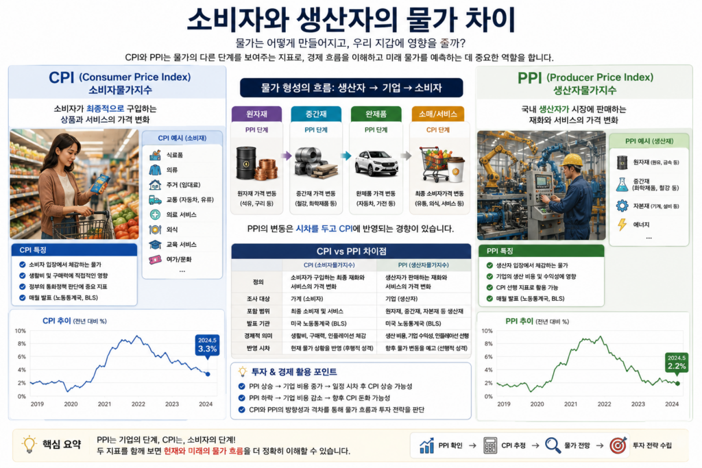 소비자와 생산자의 물가 차이를 보여주는 미국 CPI PPI 뜻 설명 이미지