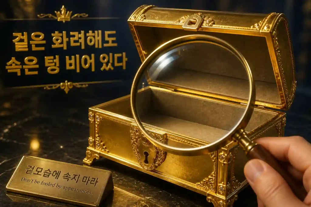 겉으로는 화려한 황금 상자이지만 열어보면 텅 비어있는 모습을 돋보기로 관찰하는 모습