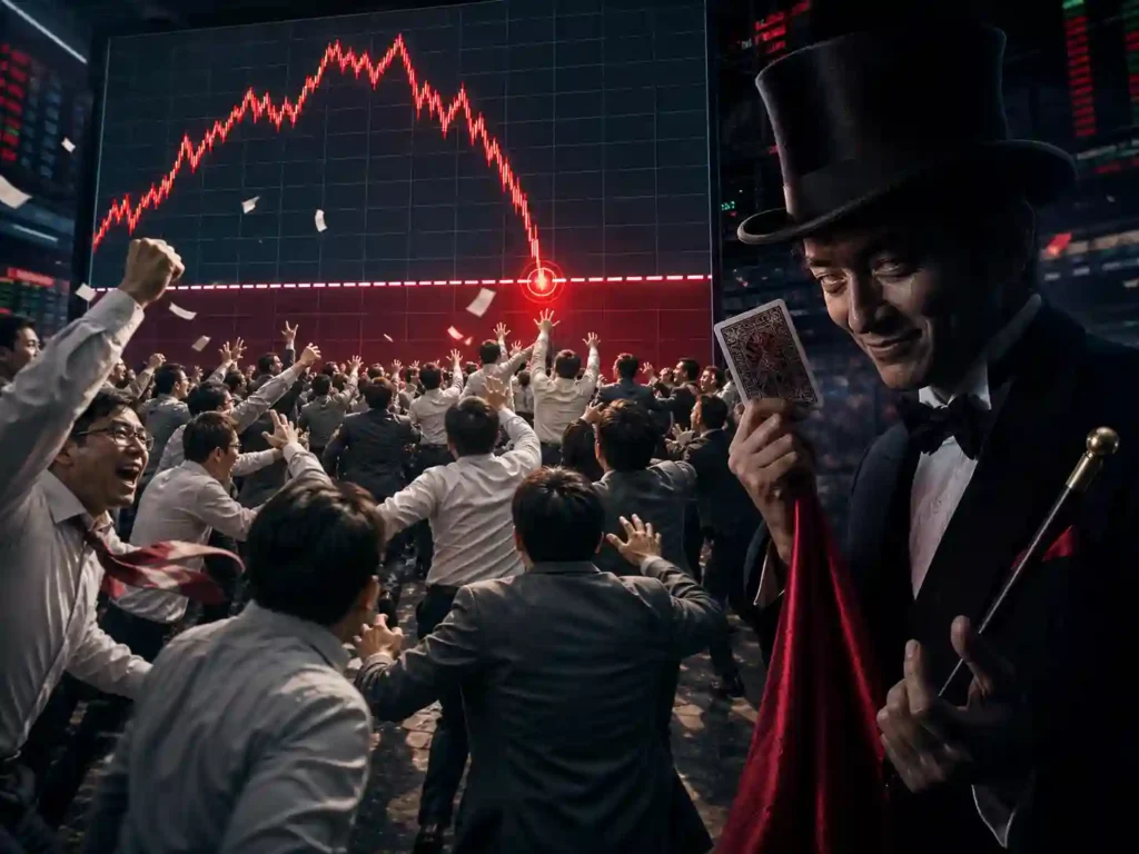 주식 차트가 절반으로 뚝 떨어진 지점에서 사람들이 싸졌다고 환호하며 몰려드는 반면, 뒤에서는 마술사가 교묘하게 웃고 있는 모습