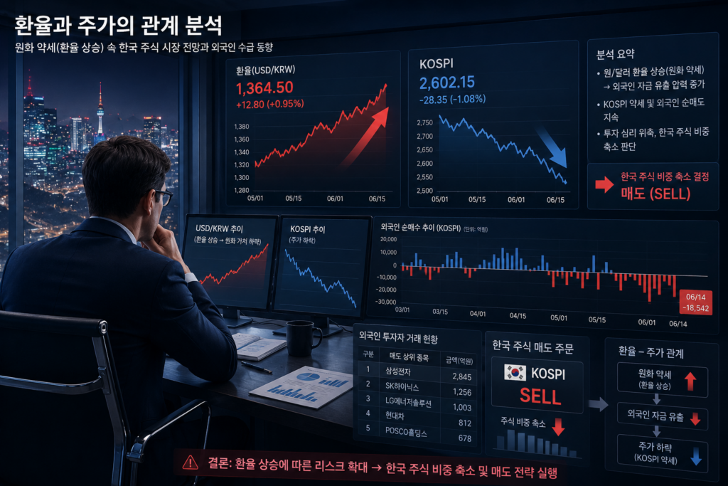 한국 거래소 전광판 앞에서 고민하는 외국인 투자자 모습