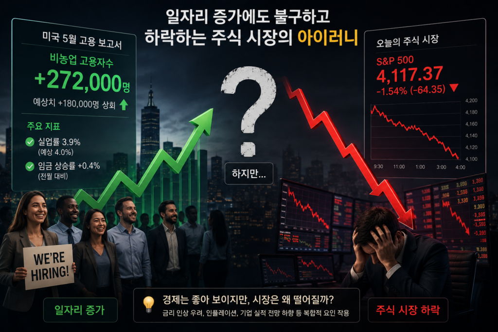 화살표가 위로 향하는 일자리 그래프와 아래로 향하는 주가 차트의 대비