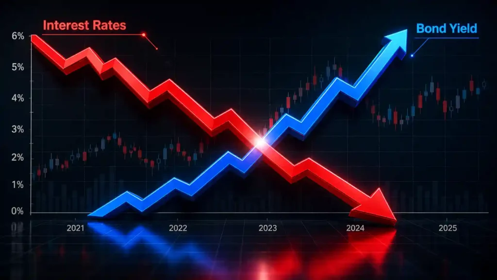 붉은색 금리 하락 차트와 반대로 가파르게 우상향하는 푸른색 채권 수익률 차트가 교차하는 3D 그래픽 이미지
