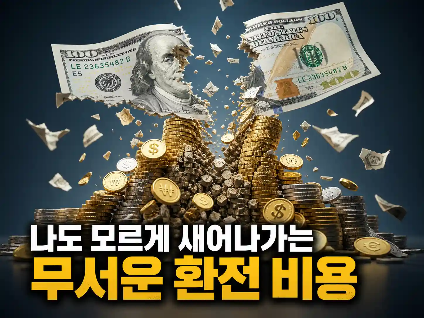 달러 지폐가 찢어지며 동전들이 모래성처럼 무너져 내리는 3D 일러스트