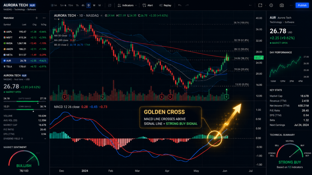 복잡한 주식 차트 하단에 붉은색 MACD 선이 푸른색 시그널 선을 상향 돌파하며 강력한 매수 신호를 보내는 골든크로스 순간 이미지