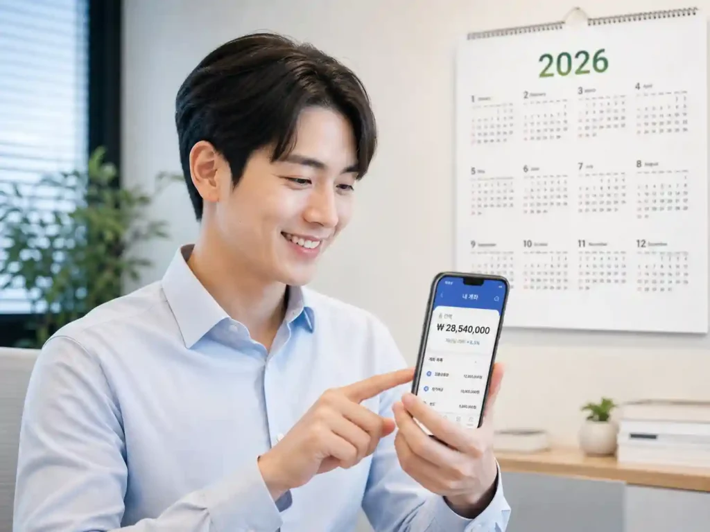 2026년 달력을 배경으로 직장인이 스마트폰 앱으로 계좌 잔고를 확인하며 미소 짓는 모습 이미지