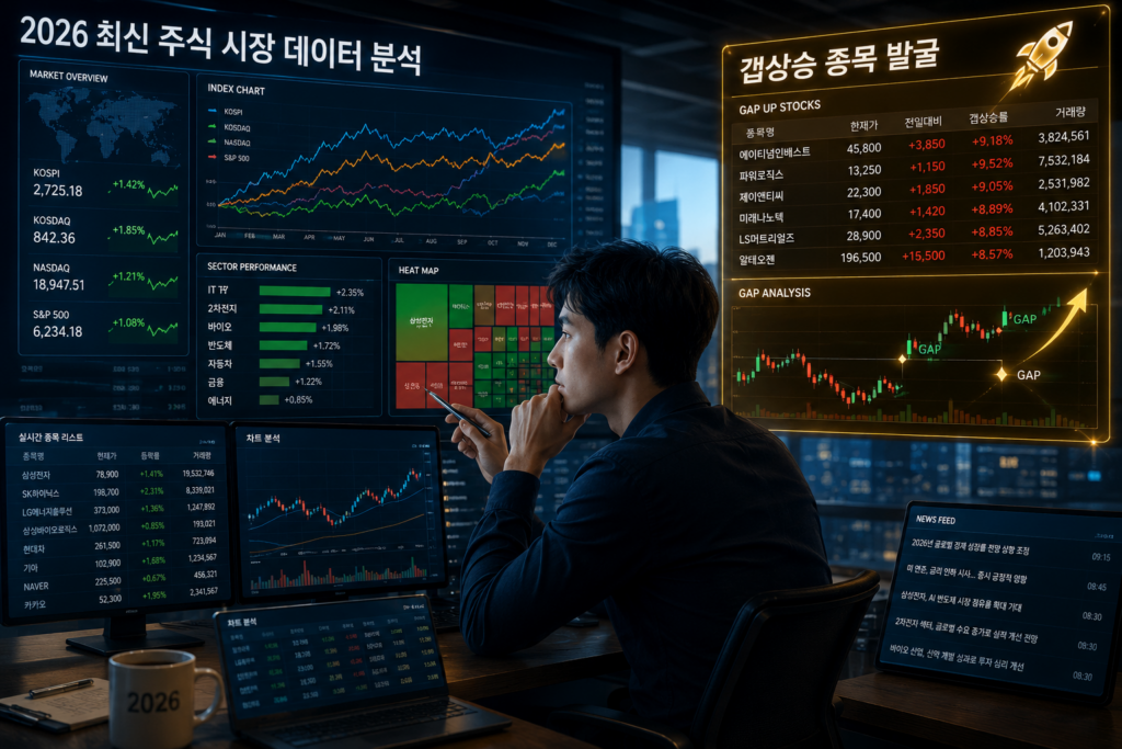 2026년 최신 주식 시장 데이터를 분석하며 주식 갭상승 종목을 발굴하는 트레이더