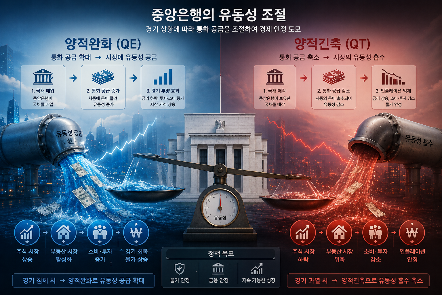양적완화와 양적긴축을 상징하는 유동성 조절 이미지