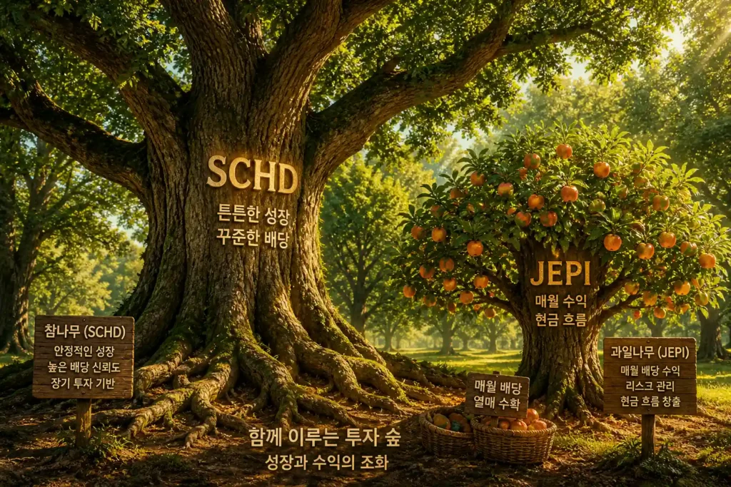 튼튼하게 뿌리내린 커다란 참나무(SCHD)와 그 옆에서 매달 화려한 열매를 맺는 과일나무(JEPI)가 숲을 이루고 있는 풍경 이미지