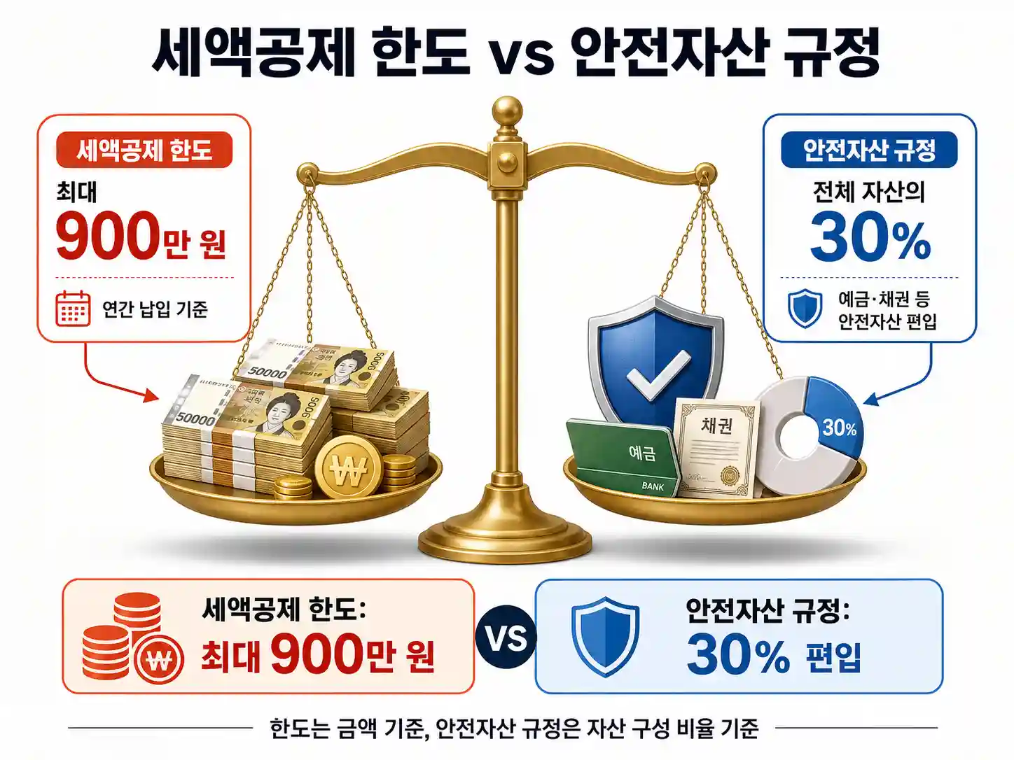 세액공제 한도 900만 원과 30% 안전자산 규정을 직관적으로 보여주는 저울 형태의 비교 그래픽 이미지