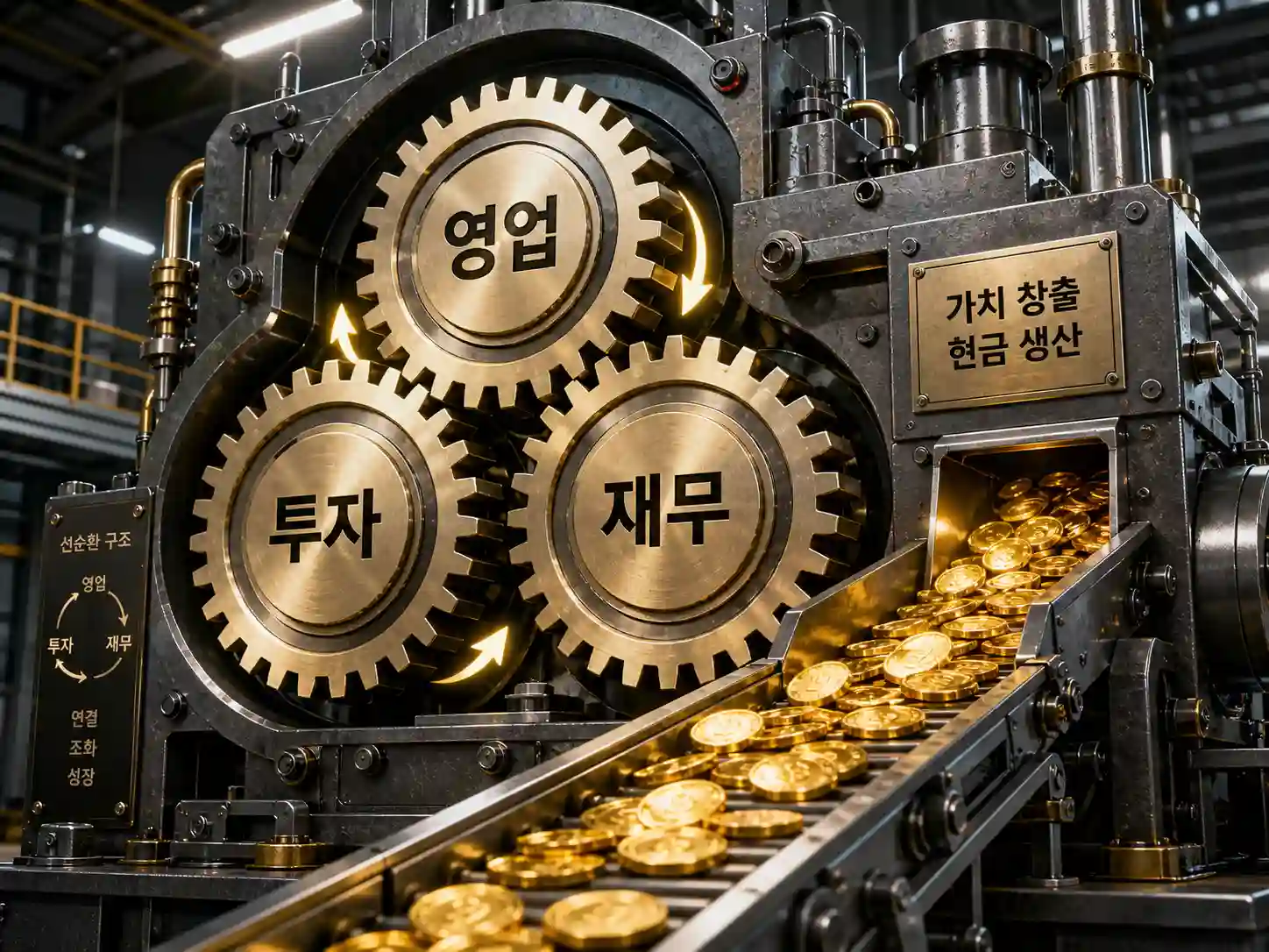영업, 투자, 재무라는 세 개의 톱니바퀴가 완벽하게 맞물려 돌아가며 황금 동전을 만들어내는 공장 기계