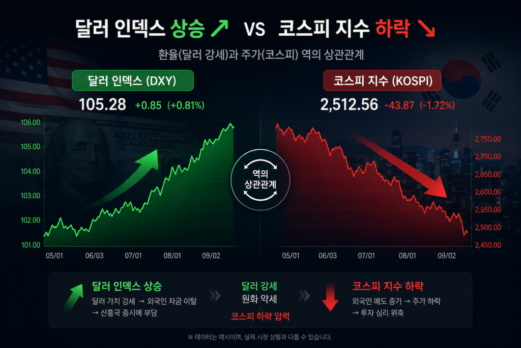 환율 주가 관계를 보여주는 달러 인덱스 상승과 코스피 지수 하락 그래프