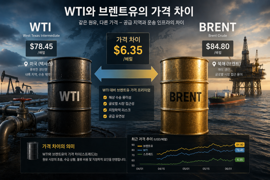 WTI와 브렌트유의 가격 차이를 상징하는 이미지