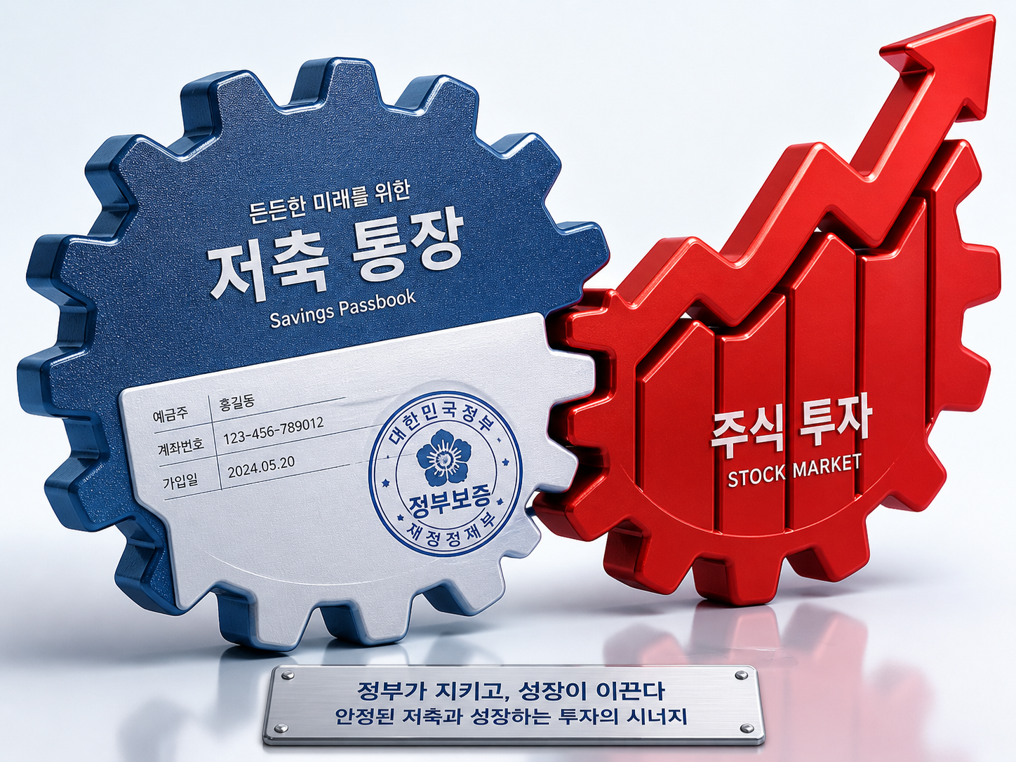 정부 마크가 찍힌 저축 통장과 우상향하는 붉은색 주식 그래프가 톱니바퀴처럼 맞물려 돌아가는 3D 일러스트 이미지