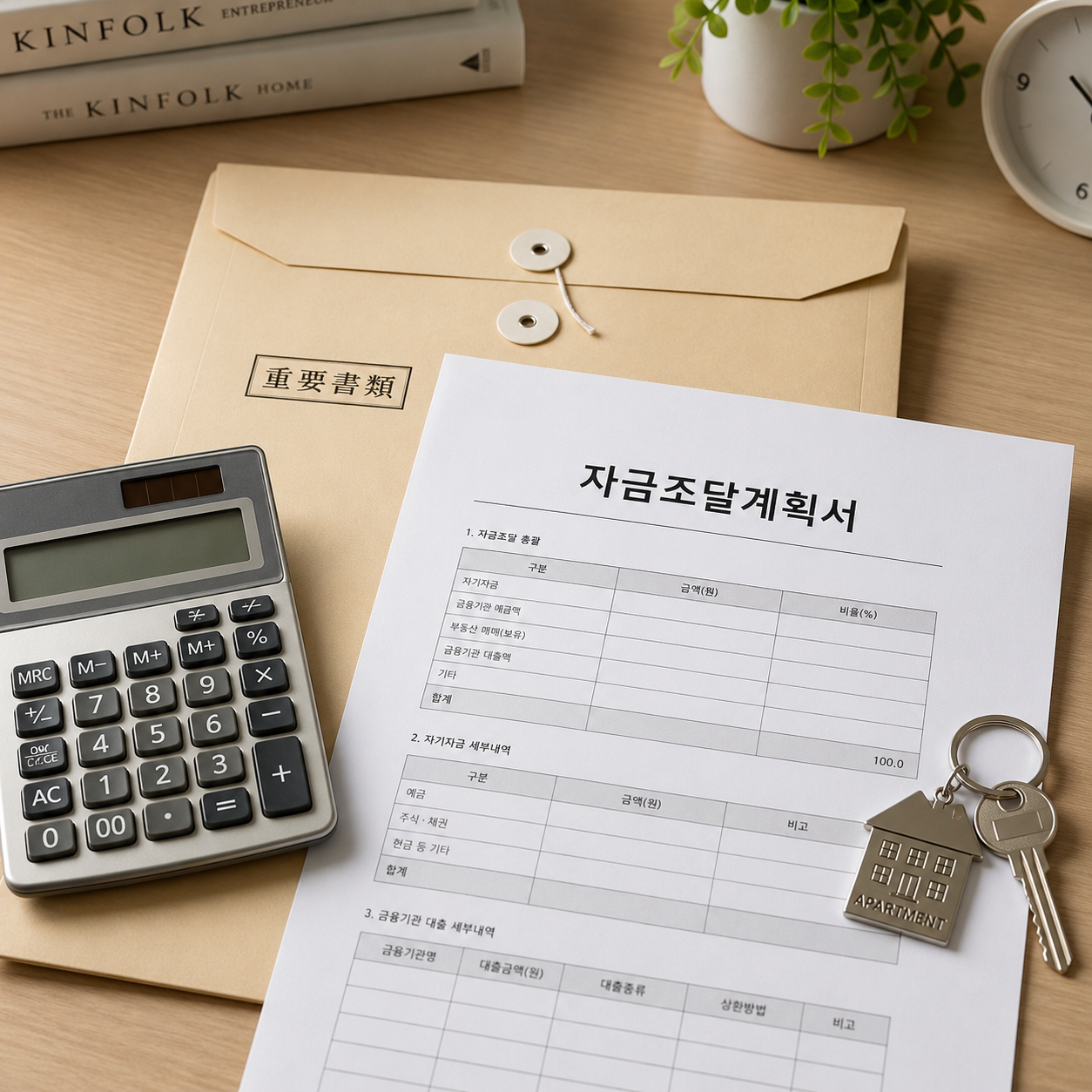 아파트 자금조달계획서 작성을 위해 계산기를 활용하는 모습